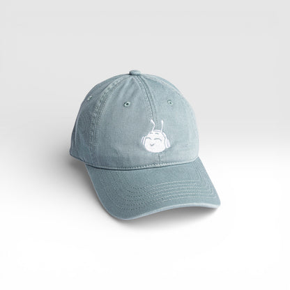 Chill Caterpillar graphic baseball cap in light blue, front view