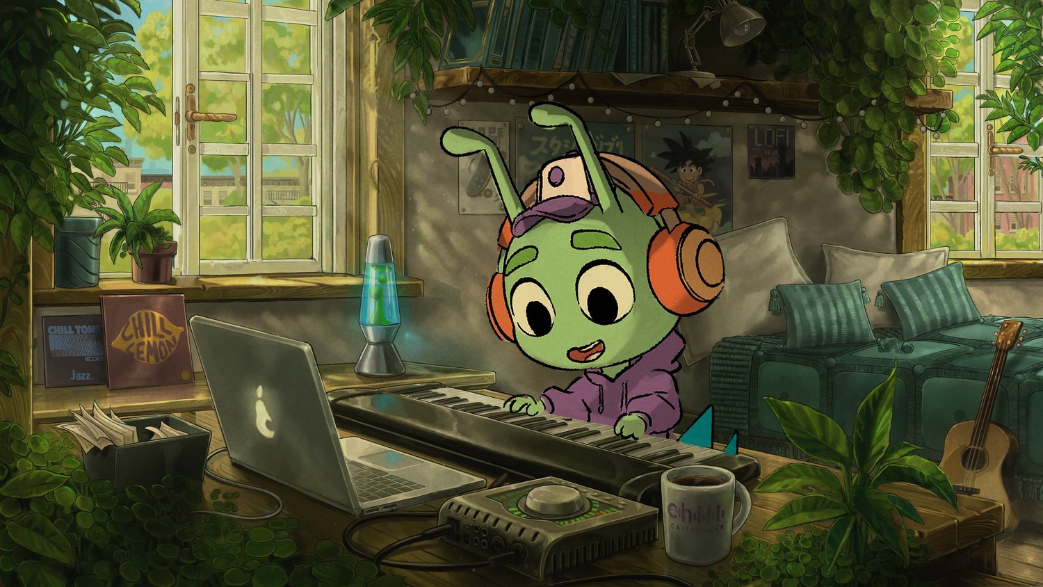 Illustration of Chill Caterpillar at his desk in a plant-filled studio